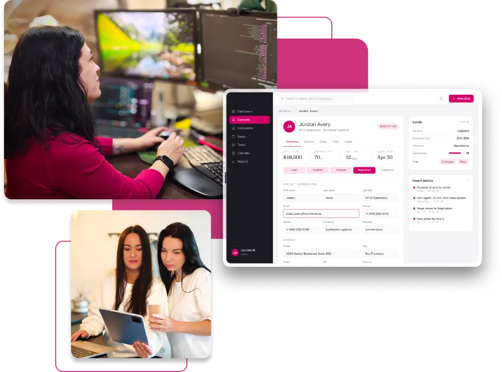 The Femmesoft team at work: engineers at their screens, a live time-tracking panel, and a client portal view